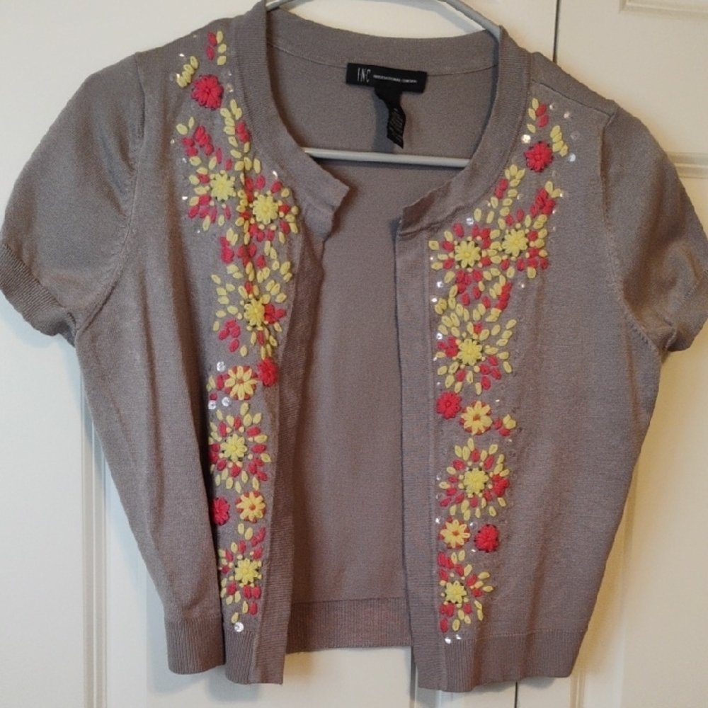 INC International Concepts Gray and Red Floral Cardigan